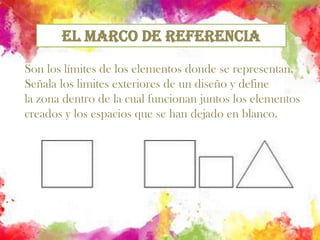 EL MARCO DE REFERENCIASon los límites de los elementos donde se representan. Señala los limites exteriores de un diseño y define la zona dentro de la cual funcionan juntos los elementos creados y los espacios que se han dejado en blanco.