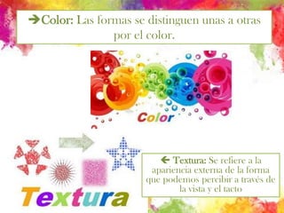 Color: Las formas se distinguen unas a otras por el color. Textura: Se refiere a la apariencia externa de la forma que podemos percibir a través de la vista y el tacto