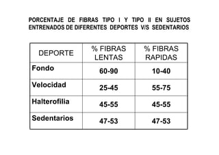 PORCENTAJE DE FIBRAS TIPO I Y TIPO II EN SUJETOS
ENTRENADOS DE DIFERENTES DEPORTES V/S SEDENTARIOS


                   % FIBRAS       % FIBRAS
   DEPORTE
                   LENTAS         RAPIDAS
Fondo                60-90           10-40
Velocidad            25-45           55-75
Halterofilia         45-55           45-55
Sedentarios          47-53           47-53
 