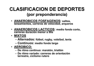 CLASIFICACION DE DEPORTES
            (por preponderancia)
• ANAEROBICOS FOSFAGENOS: saltos,
  lanzamientos, carreras de velocidad, arqueros

• ANAEROBICOS LACTICOS: medio fondo corto,
  carreras duración menor a 90s
• MIXTOS
  – Alternados: fútbol, rugby, voleibol, tenis
  – Continuos: medio fondo largo
• AEROBICO:
   – De ritmo continuo: maratón, triatlón
   – De ritmo variado: carreras de orientación
     terrestre, ciclismo rutero
 