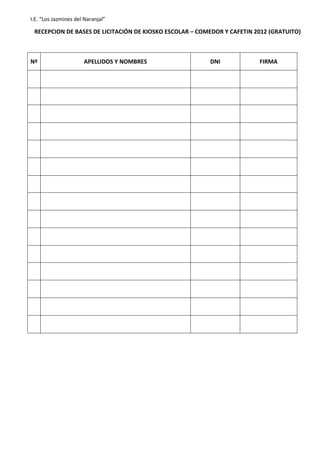 I.E. “Los Jazmines del Naranjal”

RECEPCION DE BASES DE LICITACIÓN DE KIOSKO ESCOLAR – COMEDOR Y CAFETIN 2012 (GRATUITO)

Nº

APELLIDOS Y NOMBRES

DNI

FIRMA

 