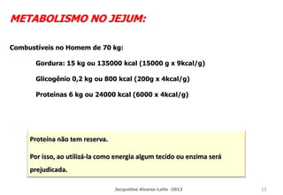 METABOLISMO NO JEJUM:
Combustíveis no Homem de 70 kg:
Gordura: 15 kg ou 135000 kcal (15000 g x 9kcal/g)
Glicogênio 0,2 kg ou 800 kcal (200g x 4kcal/g)
Proteínas 6 kg ou 24000 kcal (6000 x 4kcal/g)
Proteína não tem reserva.
Por isso, ao utilizá-la como energia algum tecido ou enzima será
prejudicada.
Jacqueline Alvarez-Leite -2013 13
 