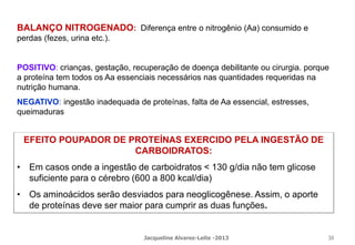 BALANÇO NITROGENADO: Diferença entre o nitrogênio (Aa) consumido e
perdas (fezes, urina etc.).
POSITIVO: crianças, gestação, recuperação de doença debilitante ou cirurgia. porque
a proteína tem todos os Aa essenciais necessários nas quantidades requeridas na
nutrição humana.
NEGATIVO: ingestão inadequada de proteínas, falta de Aa essencial, estresses,
queimaduras
EFEITO POUPADOR DE PROTEÍNAS EXERCIDO PELA INGESTÃO DE
CARBOIDRATOS:
• Em casos onde a ingestão de carboidratos < 130 g/dia não tem glicose
suficiente para o cérebro (600 a 800 kcal/dia)
• Os aminoácidos serão desviados para neoglicogênese. Assim, o aporte
de proteínas deve ser maior para cumprir as duas funções.
Jacqueline Alvarez-Leite -2013 38
 