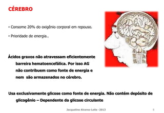 CÉREBRO
• Consome 20% do oxigênio corporal em repouso.
• Prioridade de energia..
Ácidos graxos não atravessam eficientemente
barreira hematoencefálica. Por isso AG
não contribuem como fonte de energia e
nem são armazenados no cérebro.
Usa exclusivamente glicose como fonte de energia. Não contém depósito de
glicogênio – Dependente da glicose circulante
Jacqueline Alvarez-Leite -2013 8
 