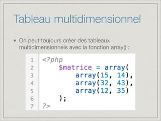 Tableau multidimensionnel
On peut toujours créer des tableaux
multidimensionnels avec la fonction array() :
 