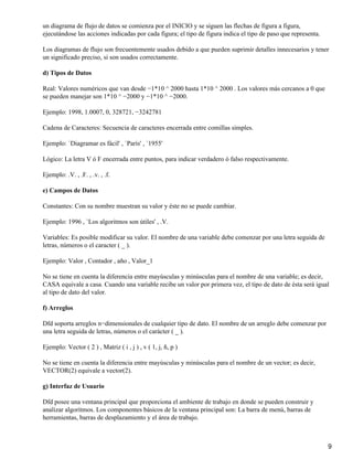 un diagrama de flujo de datos se comienza por el INICIO y se siguen las flechas de figura a figura,
ejecutándose las acciones indicadas por cada figura; el tipo de figura indica el tipo de paso que representa.

Los diagramas de flujo son frecuentemente usados debido a que pueden suprimir detalles innecesarios y tener
un significado preciso, si son usados correctamente.

d) Tipos de Datos

Real: Valores numéricos que van desde −1*10 ^ 2000 hasta 1*10 ^ 2000 . Los valores más cercanos a 0 que
se pueden manejar son 1*10 ^ −2000 y −1*10 ^ −2000.

Ejemplo: 1998, 1.0007, 0, 328721, −3242781

Cadena de Caracteres: Secuencia de caracteres encerrada entre comillas simples.

Ejemplo: `Diagramar es fácil' , `París' , `1955'

Lógico: La letra V ó F encerrada entre puntos, para indicar verdadero ó falso respectivamente.

Ejemplo: .V. , .F. , .v. , .f.

e) Campos de Datos

Constantes: Con su nombre muestran su valor y éste no se puede cambiar.

Ejemplo: 1996 , `Los algoritmos son útiles' , .V.

Variables: Es posible modificar su valor. El nombre de una variable debe comenzar por una letra seguida de
letras, números o el caracter ( _ ).

Ejemplo: Valor , Contador , año , Valor_1

No se tiene en cuenta la diferencia entre mayúsculas y minúsculas para el nombre de una variable; es decir,
CASA equivale a casa. Cuando una variable recibe un valor por primera vez, el tipo de dato de ésta será igual
al tipo de dato del valor.

f) Arreglos

Dfd soporta arreglos n−dimensionales de cualquier tipo de dato. El nombre de un arreglo debe comenzar por
una letra seguida de letras, números o el carácter ( _ ).

Ejemplo: Vector ( 2 ) , Matriz ( i , j ) , v ( 1, j, ñ, p )

No se tiene en cuenta la diferencia entre mayúsculas y minúsculas para el nombre de un vector; es decir,
VECTOR(2) equivale a vector(2).

g) Interfaz de Usuario

Dfd posee una ventana principal que proporciona el ambiente de trabajo en donde se pueden construir y
analizar algoritmos. Los componentes básicos de la ventana principal son: La barra de menú, barras de
herramientas, barras de desplazamiento y el área de trabajo.



                                                                                                                9
 