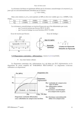 Bases du béton armé

      La résistance du béton est également définie par la résistance caractéristique à la traction ftj à j
jours qui est conventionnellement introduite par la relation :
                                          f tj = 0,6 + 0,06 f cj

     Dans cette relation, ftj et fcj sont exprimés en MPa et elle n'est valable que si fcj ≤ 60MPa. Cela
donne:
       fc28            16MPa              20MPa         22MPa             25MPa             30MPa
       ft28           1,56MPa            1,80MPa       1,92MPa           2,10MPa           2,40MPa

      Les résistances caractéristiques en traction ftj peuvent aussi être déterminées par essais:
             - par l’essai de traction par flexion (NF-P 18-407)
             - par l’essai de fendage ou essai brésilien (NF-P 18-408)

     Essai de traction par flexion :                             Essai de fendage :



                                                                                             2P
                                                                                  f tj =
                                                                                           π ⋅φ ⋅ h




      7.3/ Diagrammes contraintes – déformations : Article A.4.3,4 du BAEL

                •   Aux états limites ultimes

      Le diagramme contraintes (σbc) déformations (εbc) du béton aux ELU règlementaires est le
diagramme de calcul simplifié dit "PARABOLE- RECTANGLE". Le diagramme ci-dessous
schématise ces dispositions.




BTS Bâtiment 1ère année                                                                                10
 