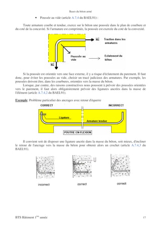 Bases du béton armé

               •   Poussée au vide (article A.7.4 du BAEL91) :

      Toute armature courbe et tendue, exerce sur le béton une poussée dans le plan de courbure et
du coté de la concavité. Si l'armature est comprimée, la poussée est exercée du coté de la convexité.




      Si la poussée est orientée vers une face externe, il y a risque d'éclatement du parement. Il faut
donc, pour éviter les poussées au vide, choisir un tracé judicieux des armatures. Par exemple, les
poussées doivent être, dans les courbures, orientées vers la masse du béton.
      Lorsque, par contre, des raisons constructives nous poussent à prévoir des poussées orientées
vers le parement, il faut alors obligatoirement prévoir des ligatures ancrées dans la masse de
l'élément (article A.7.4,2 du BAEL91).

Exemple: Problème particulier des ancrages avec retour d'équerre




      Il convient soit de disposer une ligature ancrée dans la masse du béton, soit mieux, d'incliner
le retour de l'ancrage vers la masse du béton pour obtenir alors un crochet (article A.7.4,3 du
BAEL91).




BTS Bâtiment 1ère année                                                                             17
 