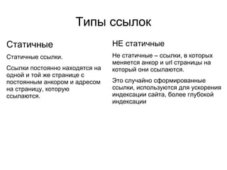 Типы ссылок
Статичные
Статичные ссылки.
Ссылки постоянно находятся на
одной и той же странице с
постоянным анкором и адресом
на страницу, которую
ссылаются.
НЕ статичные
Не статичные – ссылки, в которых
меняется анкор и url страницы на
который они ссылаются.
Это случайно сформированные
ссылки, используются для ускорения
индексации сайта, более глубокой
индексации
 