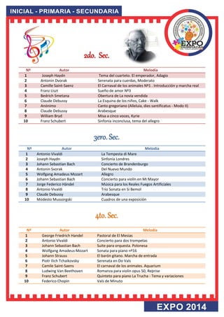 2do. Sec. 
Nº 
Autor 
Melodía 1 Joseph Haydn Tema del cuarteto. El emperador, Adagio 
2 
Antonin Dvorak 
Serenata para cuerdas, Moderato 3 Camille Saint-Saenz El Carnaval de los animales Nº1 . Introducción y marcha real 
4 
Franz Liszt 
Sueño de amor Nº3 5 Bedrich Smetana Obertura de La novia vendida 
6 
Claude Debussy 
La Esquina de los niños, Cake - Walk 7 Anónimo Canto gregoriano (Alleluia, dies santificatus - Modo II) 
8 
Claude Debussy 
Arabesque 9 William Bryd Misa a cinco voces, Kyrie 
10 
Franz Schubert 
Sinfonia inconclusa, tema del allegro 
3ero. Sec. 
Nº 
Autor 
Melodía 1 Antonio Vivaldi La Tempesta di Mare 
2 
Joseph Haydn 
Sinfonía Londres 3 Johann Sebastian Bach Concierto de Brandenburgo 
4 
Antonin Svorak 
Del Nuevo Mundo 5 Wolfgang Amadeus Mozart Allegro 
6 
Johann Sebastian Bach 
Concierto para violín en Mi Mayor 7 Jorge Federico Händel Música para los Reales Fuegos Artificiales 
8 
Antonio Vivaldi 
Trío Sonata en Si Bemol 9 Claude Debussy Arabesque 
10 
Modesto Mussorgski 
Cuadros de una exposición 
4to. Sec. 
Nº 
Autor 
Melodía 1 George Friedrich Handel Pastoral de El Mesias 
2 
Antonio Vivaldi 
Concierto para dos trompetas 3 Johann Sebastian Bach Suite para orquesta. Polonesa 
4 
Wolfgang Amadeus Mozart 
Sonata para piano nº16 5 Johann Strauss El barón gitano. Marcha de entrada 
6 
Piotr Ilich Tchaikovsky 
Serenata en Do Vals 7 Camile Saint-Saens El carnaval de los animales. Aquarium 
8 
Ludwing Van Beethoven 
Romanza para violin opus 50, Reprise 9 Franz Schubert Quinteto para piano La Trucha - Tema y variaciones 
10 
Federico Chopin 
Vals de Minuto 
 