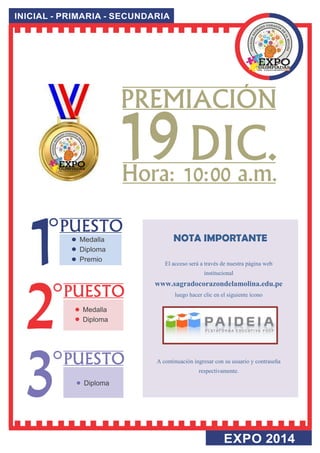 NOTA IMPORTANTE 
El acceso será a través de nuestra página web institucional 
www.sagradocorazondelamolina.edu.pe 
luego hacer clic en el siguiente ícono 
A continuación ingresar con su usuario y contraseña respectivamente. 
