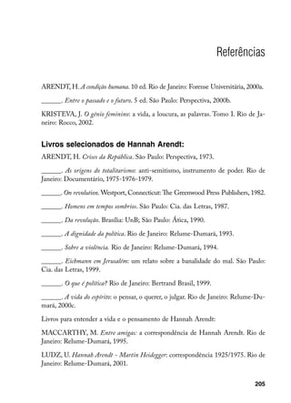 Referências

ARENDT, H. A condição humana. 10 ed. Rio de Janeiro: Forense Universitária, 2000a.

______. Entre o passado e o futuro. 5 ed. São Paulo: Perspectiva, 2000b.

KRISTEVA, J. O gênio feminino: a vida, a loucura, as palavras. Tomo I. Rio de Ja-
neiro: Rocco, 2002.


Livros selecionados de Hannah Arendt:
ARENDT, H. Crises da República. São Paulo: Perspectiva, 1973.

______. As origens do totalitarismo: anti-semitismo, instrumento de poder. Rio de
Janeiro: Documentário, 1975-1976-1979.

______. On revolution. Westport, Connecticut: The Greenwood Press Publishers, 1982.

______. Homens em tempos sombrios. São Paulo: Cia. das Letras, 1987.

______. Da revolução. Brasília: UnB; São Paulo: Ática, 1990.

______. A dignidade da política. Rio de Janeiro: Relume-Dumará, 1993.

______. Sobre a violência. Rio de Janeiro: Relume-Dumará, 1994.

______. Eichmann em Jerusalém: um relato sobre a banalidade do mal. São Paulo:
Cia. das Letras, 1999.

______. O que é política? Rio de Janeiro: Bertrand Brasil, 1999.

______. A vida do espírito: o pensar, o querer, o julgar. Rio de Janeiro: Relume-Du-
mará, 2000c.

Livros para entender a vida e o pensamento de Hannah Arendt:

MACCARTHY, M. Entre amigas: a correspondência de Hannah Arendt. Rio de
Janeiro: Relume-Dumará, 1995.

LUDZ, U. Hannah Arendt - Martin Heidegger: correspondência 1925/1975. Rio de
Janeiro: Relume-Dumará, 2001.


                                                                                205
 