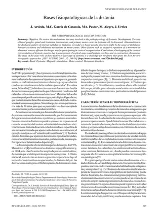 XXXVIII REUNIÓN ANUAL DE LA SENFC

Bases fisiopatológicas de la distonía
J. Artieda, M.C. García de Casasola, MA. Pastor, M. Alegre, J. Urriza
THE PATHOPHYSIOLOGICAL BASIS OF DYSTONIA
Summary. Objective. We review the mechanisms that may involved in the pathophysiology of dystonia. Development. The role
of basal ganglia, spinal and brainstem interneurons, and primary motor cortex in dystonia will be discussed. Abnormalities in
the discharge pattern of internal pallidum or thalamus, secondary to basal ganglia disorders might be the cause of disbalance
between excitatory and inhibitory mechanisms in motor cortex. Other factors such as excessive repetition of a movement or
abnormal sensory afferent discharges may be participating in cortical reorganization. Conclusions. Overlapping of the cortical
representation of dystonic muscles due to enlargement of cortical maps could explain overflow and co-contraction phenomena.
The study of the exact role of these factors in each type of dystonia is a challenge for the future that opens the door for new
therapeutic approaches. [REV NEUROL 2001; 32: 549-58] [http://www.revneurol.com/3206/k06549.pdf]
Key words. Basal. Dystonia. Magnetic stimulation. Motor control. Movement disorders.

INTRODUCCIÓN
En 1911 Oppenheim [1] fue el primero en utilizar el término distonía para describir ‘una alteración motora consistente en la alternancia aleatoria de espasmos e hipertonía que aparece, generalmente, al realizar un movimiento voluntario y cuya evolución
conduce eventualmente a deformidades posturales’. Tres años
antes, Schwalbe [2] había descrito en su tesis doctoral una familia
de tres hermanos que padecían lo que él denominó ‘síndrome del
calambre crónico con síntomas histéricos’. Mientras Schwalbe
pensaba que el problema tenía un origen psicológico, Oppenheim,
que posteriormente describió seis nuevos casos, defendía la existencia de una causa orgánica. Sin embargo, tuvieron que transcurrir más de 50 años para que su punto de vista fuera aceptado
unánimemente por la comunidad científica.
Actualmente se entiende por distonía el síndrome caracterizado por una contracción muscular mantenida, que frecuentemente
da lugar a movimientos lentos, repetitivos y a posturas anormales.
Los movimientos distónicos pueden aparecer en reposo o en el
curso de una actividad motora voluntaria (distonía de acción).
Una forma de distonía de acción es la distonía focal específica de
una tarea determinada que aparece sólo durante su realización; el
ejemplo más típico es el ‘calambre del escribiente’ [3]. También
existen distonías que aparecen durante otro tipo de actividades,
como al tocar instrumentos musicales, cortar comida, mecanografiar o practicar determinados deportes [3].
La distonía puede afectar distintas partes del cuerpo. En 1976,
Marsden et al [4] clasificaron las distonías topográficamente y,
en 1984, esta clasificación fue ampliada por un comité ad hoc,
de manera que se distinguen las siguientes categorías: 1. Distonía focal, que afecta a un único segmento corporal e incluye el
tortícolis, los calambres ocupacionales, la distonía del pie, las
desviaciones oculógiras, el blefarospasmo, la distonía oro-man-

díbulo-linguo-faríngea, la disfonía espasmódica y algunas formas de bruxismo y trismo; 2. Distonía segmentaria, caracterizada por la presencia de movimientos distónicos en segmentos
corporales contiguos [5]; 3. Distonía multifocal, que afecta a
dos o más segmentos corporales no contiguos; 4. Distonía generalizada, y 5. Hemidistonía, cuando se afecta sólo la mitad
del cuerpo, debida generalmente a una lesión estructural de los
ganglios basales contralaterales, particularmente del putamen
[6-8] (Tabla).
CARACTERÍSTICAS ELECTROMIOGRÁFICAS

© 2001, REVISTA DE NEUROLOGÍA

La característica fundamental de las distonías es la contracción
involuntaria, simultánea y excesiva de músculos antagonistas que
distorsionan o retuercen el cuerpo de forma permanente (posturas
distónicas) y que puede presentarse en reposo o aparecer sólo
durante la acción. La afectación de músculos proximales o axiales
provocará posturas más fijas debido a la menor libertad de movimiento de las articulaciones y la afectación distal movimientos
lentos y serpenteantes denominados con el término de atetosis,
actualmente en desuso.
El estudio electromiográfico con electrodo concéntrico de aguja
revela una descarga continua de potenciales de unidad motora
indiferenciables de los reclutados en una contracción muscular
voluntaria (Fig. 1). Esta característica la diferencia de otras contracciones musculares anormales de origen periférico o muscular
como: la tetania, los calambres, los síndromes de actividad muscular continua, la miotonía, etc., donde pueden constatarse descargas de alta frecuencia u otros grafoelementos electromiográficos patológicos [9].
El registro poligráfico de varios músculos demuestra actividad en forma de salvas de larga duración, frecuentemente de segundos, síncrona en diversos músculos habitualmente antagonistas y sinergistas (Fig. 2). El número de músculos implicados depende de las características topográficas de la distonía y puede
afectar desde sólo dos músculos sinergistas (esplenio y esternocleidomastoideo contralateral), como puede ser en el caso de un
tortícolis simple, hasta un gran número de músculos en una distonía generalizada. En algunas distonías puede registrarse actividad
rítmica lenta, denominada miorritmias (menor de 1 Hz), actividad
tremórica o salvas de corta duración (distonía mioclónica) [9-15].
La sintomatología desaparece con el bloqueo de la placa neuromuscular, del nervio periférico y con la anestesia raquídea. Este

REV NEUROL 2001; 32 (6): 549-558

549

Recibido: 09.11.00. Aceptado: 04.12.00.
Servicio de Neurofisiología Clínica. Departamento de Neurología y Neurocirugía. Clínica Universitaria y Facultad de Medicina. Universidad de Navarra.
Pamplona, España.
Correspondencia: Dr. J. Artieda. Servicio de Neurofisiología Clínica. Dpto. de
Neurología y Neurocirugía. Clínica Universitaria de la Universidad de Navarra. Apdo. de Correos. 4.209. E-31008 Pamplona. Fax: +34 94829 6500.
E-mail: jartieda@unav.es

 