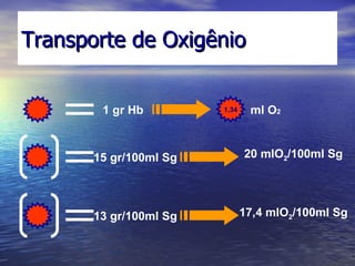 Transporte de Oxigênio 1 gr Hb 15 gr/100ml Sg  1,34 ml O 2 20 mlO 2 /100ml Sg 13 gr/100ml Sg  17,4 mlO 2 /100ml Sg 