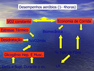 Desempenhos aeróbios (1- 4horas) VO2 constante Economia de Corrida Biomecânica % Tipo de Fibra %VO2máx Estresse Térmico Desidratação LA Glicogênio Hep. E Musc. Dieta e Supl. Durante o ex. 
