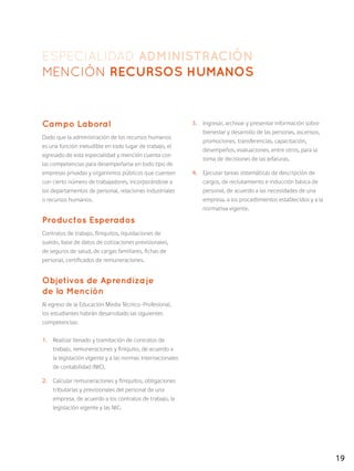 19
Campo Laboral
Dado que la administración de los recursos humanos
es una función ineludible en todo lugar de trabajo, el
egresado de esta especialidad y mención cuenta con
las competencias para desempeñarse en todo tipo de
empresas privadas y organismos públicos que cuenten
con cierto número de trabajadores, incorporándose a
los departamentos de personal, relaciones industriales
o recursos humanos.
Productos Esperados
Contratos de trabajo, finiquitos, liquidaciones de
sueldo, base de datos de cotizaciones previsionales,
de seguros de salud, de cargas familiares, fichas de
personal, certificados de remuneraciones.
Objetivos de Aprendizaje
de la Mención
Al egreso de la Educación Media Técnico-Profesional,
los estudiantes habrán desarrollado las siguientes
competencias:
1.	 Realizar llenado y tramitación de contratos de
trabajo, remuneraciones y finiquito, de acuerdo a
la legislación vigente y a las normas internacionales
de contabilidad (NIC).
2.	 Calcular remuneraciones y finiquitos, obligaciones
tributarias y previsionales del personal de una
empresa, de acuerdo a los contratos de trabajo, la
legislación vigente y las NIC.
3.	 Ingresar, archivar y presentar información sobre
bienestar y desarrollo de las personas, ascensos,
promociones, transferencias, capacitación,
desempeños, evaluaciones, entre otros, para la
toma de decisiones de las jefaturas.
4.	 Ejecutar tareas sistemáticas de descripción de
cargos, de reclutamiento e inducción básica de
personal, de acuerdo a las necesidades de una
empresa, a los procedimientos establecidos y a la
normativa vigente.
ESPECIALIDAD ADMINISTRACIÓN
MENCIÓN RECURSOS HUMANOS
 