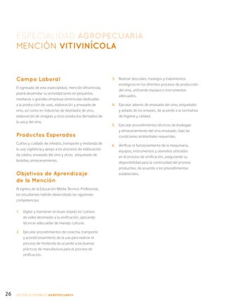26
Campo Laboral
El egresado de esta especialidad, mención Vitivinícola,
podrá desarrollar su actividad tanto en pequeñas,
medianas o grandes empresas vitivinícolas dedicadas
a la producción de uvas, elaboración y envasado de
vino, así como en industrias de destilados de vino,
elaboración de vinagres y otros productos derivados de
la uva y del vino.
Productos Esperados
Cultivo y cuidado de viñedos, transporte y molienda de
la uva; vigilancia y apoyo a los procesos de elaboración
de caldos; envasado del vino y otros; etiquetado de
botellas; almacenamiento.
Objetivos de Aprendizaje
de la Mención
Al egreso de la Educación Media Técnico-Profesional,
los estudiantes habrán desarrollado las siguientes
competencias:
1.	 Vigilar y mantener en buen estado los cultivos
de vides destinadas a la vinificación, aplicando
técnicas adecuadas de manejo cultural.
2.	 Ejecutar procedimientos de cosecha, transporte
y acondicionamiento de la uva para realizar el
proceso de molienda de acuerdo a las buenas
prácticas de manufactura para el proceso de
vinificación.
3.	 Realizar descubes, trasiegos y tratamientos
enológicos en los distintos procesos de producción
del vino, utilizando equipos e instrumentos
adecuados.
4.	 Ejecutar labores de envasado del vino, etiquetado
y sellado de los envases, de acuerdo a la normativa
de higiene y calidad.
5.	 Ejecutar procedimientos técnicos de bodegaje
y almacenamiento del vino envasado, bajo las
condiciones ambientales requeridas.
6.	 Verificar el funcionamiento de la maquinaria,
equipos, instrumentos y utensilios utilizados
en el proceso de vinificación, asegurando su
disponibilidad para la continuidad del proceso
productivo, de acuerdo a los procedimientos
establecidos.
ESPECIALIDAD AGROPECUARIA
MENCIÓN Vitivinícola
SECTOR económico AGROPECUARIO
 