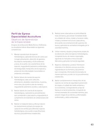 63
Perfil de Egreso
Especialidad Acuicultura
Objetivos de Aprendizaje
de la Especialidad
Al egreso de la Educación Media Técnico-Profesional,
los estudiantes habrán desarrollado las siguientes
competencias:
1.	 Manejar reproductores de especies
hidrobiológicas, aplicando técnicas de cultivo que
incluyan alimentación, obtención de gametos,
fecundación manipulada y cría de embriones
y larvas, de acuerdo a las características de las
especies, resguardando parámetros ambientales,
de bioseguridad, manejo ético de las especies y
prevención de enfermedades transmisibles en
ambientes controlados.
2.	 Realizar labores de manejo de especies
hidrobiológicas, tales como selección,
alimentación, desdoble, tratamientos, muestreo,
entre otras, de acuerdo al plan de manejo y
resguardando parámetros acordes a cada especie.
3.	 Realizar labores de cosecha de las especies
hidrobiológicas, realizando los procedimientos
que corresponda a cada especie y resguardando el
cumplimiento de estándares de calidad propios del
sector.
4.	 Realizar la instalación básica y efectuar labores
de mantenimiento primario de equipos de
captación de semillas para diferentes especies
hidrobiológicas, de acuerdo a especificaciones
técnicas y procedimientos establecidos.
5.	 Realizar tareas subacuáticas en profundidad de
hasta 20 metros, para extraer mortalidad desde
las unidades de cultivo, instalar y mantener redes,
instalar y mantener estructuras subacuáticas,
de acuerdo a las orientaciones del supervisor de
buceo y aplicando las normativas entregadas por la
autoridad marítima.
6.	 Utilizar sistemas, equipos y maquinarias propias de
las labores de cultivo de especies hidrobiológicas,
incluyendo buceo, de manera responsable,
siguiendo los manuales e instructivos del
fabricante y aplicando normas de seguridad.
7.	 Registrar, sistematizar y analizar información
obtenida en los distintos procesos acuícolas,
ingresándola en los formatos y documentos
que corresponda, informando de anomalías de
manera oportuna y acorde con los procedimientos
establecidos.
8.	 Aplicar constantemente el manejo ético de las
especies, las normas de seguridad, la prevención
de riesgos, el cuidado del medio ambiente y
los ecosistemas, correspondientes al tipo de
faenas y/o al sector productivo, incluyendo las
normas emanadas de la autoridad marítima, para
prevenir riesgos de accidentes y enfermedades
profesionales, y daños ambientales.
 