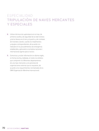 70
8.	 Utilizar técnicas de supervivencia en el mar, de
primeros auxilios, de seguridad de la vida humana
y de los bienes en el mar y el puerto, y de combate
de incendio a bordo, usando los implementos
y equipos correspondientes, de acuerdo a lo
indicado en los procedimientos de emergencia
establecidos, aplicando la normativa nacional e
internacional vigente para el sector.
9.	 Comunicar y recibir información en idioma inglés,
en forma escrita y hablada, en todos los ámbitos
que componen los diferentes departamentos
de una nave mercante y con personas de
organizaciones externas que lo requieran, de
acuerdo a los requerimientos normalizados de la
OMI (Organización Marítima Internacional).
SECTOR económico MARÍTIMO
ESPECIALIDAD
TRIPULACIÓN DE NAVES MERCANTES
Y ESPECIALES
 