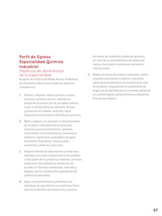 87
Perfil de Egreso
Especialidad Química
Industrial
Objetivos de Aprendizaje
de la Especialidad
Al egreso de la Educación Media Técnico-Profesional,
los estudiantes habrán desarrollado las siguientes
competencias:
1.	 Ordenar y disponer materias primas, insumos,
productos químicos, para ser utilizados en
programas de producción de una planta química
o para su almacenamiento, aplicando técnicas
y protocolos de traslado, rotulación, layout
(disposición) y preservación de productos químicos.
2.	 Medir y registrar con precisión el comportamiento
de variables e indicadores de los productos,
muestras y procesos productivos, utilizando
instrumentos como termómetros, manómetros,
pHmetros, higrómetros, analizadores de gases,
barómetros, flujómetros, romanas, pesas
electrónicas y balanzas, entre otros.
3.	 Preparar informes de observaciones y mediciones
realizadas acerca del comportamiento de variables
e indicadores de los productos, muestras y procesos
productivos, describiendo las tendencias, de
acuerdo con formatos establecidos, manuales y
digitales, para la consideración y aprobación del
profesional especialista.
4.	 Vigilar constantemente el cumplimiento de
estándares de seguridad de las condiciones físicas
y de funcionamiento de instalaciones y equipos,
de manejo de sustancias y productos químicos,
así como de los procedimientos de trabajo que
realizan, de acuerdo a normativas nacionales e
internacionales.
5.	 Realizar el manejo de residuos industriales, sólidos
y líquidos, previniendo incidentes o derrames,
aplicando procedimientos de emergencia en caso
de accidente, resguardando el cumplimiento de
exigencias de identificación, la normativa ambiental
y/o sanidad vigente, almacenamiento y disposición
final de esos residuos.
 