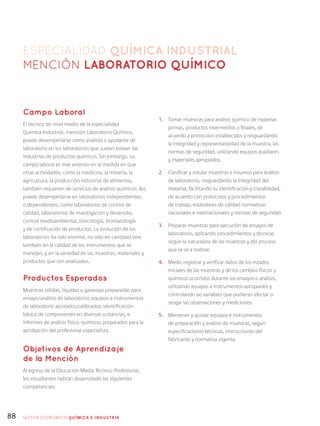 88
ESPECIALIDAD QUÍmica Industrial
Mención Laboratorio químico
Campo Laboral
El técnico de nivel medio de la especialidad
Química Industrial, mención Laboratorio Químico,
puede desempeñarse como analista o ayudante de
laboratorio en los laboratorios que suelen poseer las
industrias de productos químicos. Sin embargo, su
campo laboral es más extenso en la medida en que
otras actividades, como la medicina, la minería, la
agricultura, la producción industrial de alimentos,
también requieren de servicios de análisis químicos. Así,
puede desempeñarse en laboratorios independientes
o dependientes, como laboratorios de control de
calidad, laboratorios de investigación y desarrollo,
control medioambiental, toxicología, bromatología
y de certificación de productos. La evolución de los
laboratorios ha sido enorme, no sólo en cantidad sino
también en la calidad de los instrumentos que se
manejan, y en la variedad de las muestras, materiales y
productos que son analizados.
Productos Esperados
Muestras sólidas, líquidas o gaseosas preparadas para
ensayo/análisis de laboratorio; equipos e instrumentos
de laboratorio ajustados/calibrados; identificación
básica de componentes en diversas sustancias, e
informes de análisis físico-químicos preparados para la
aprobación del profesional especialista.
Objetivos de Aprendizaje
de la Mención
Al egreso de la Educación Media Técnico-Profesional,
los estudiantes habrán desarrollado las siguientes
competencias:
1.	 Tomar muestras para análisis químico de materias
primas, productos intermedios o finales, de
acuerdo a protocolos establecidos y resguardando
la integridad y representatividad de la muestra, las
normas de seguridad, utilizando equipos auxiliares
y materiales apropiados.
2.	 Clasificar y rotular muestras e insumos para análisis
de laboratorio, resguardando la integridad del
material, facilitando su identificación y trazabilidad,
de acuerdo con protocolos y procedimientos
de trabajo, estándares de calidad normativas
nacionales e internacionales y normas de seguridad.
3.	 Preparar muestras para ejecución de ensayos de
laboratorio, aplicando procedimientos y técnicas
según la naturaleza de las muestras y del proceso
que se va a realizar.
4.	 Medir, registrar y verificar datos de los estados
iniciales de las muestras y de los cambios físicos y
químicos ocurridos durante los ensayos o análisis,
utilizando equipos e instrumentos apropiados y
controlando las variables que pudieran afectar o
sesgar las observaciones y mediciones.
5.	 Mantener y ajustar equipos e instrumentos
de preparación y análisis de muestras, según
especificaciones técnicas, instrucciones del
fabricante y normativa vigente.
SECTOR económico QUÍMICA E INDUSTRIA
 