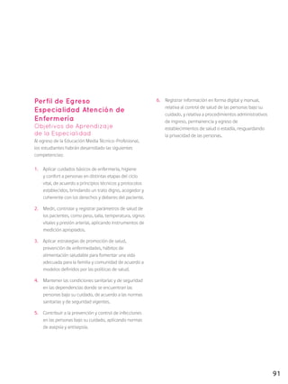 91
Perfil de Egreso
Especialidad Atención de
Enfermería
Objetivos de Aprendizaje
de la Especialidad
Al egreso de la Educación Media Técnico-Profesional,
los estudiantes habrán desarrollado las siguientes
competencias:
1.	 Aplicar cuidados básicos de enfermería, higiene
y confort a personas en distintas etapas del ciclo
vital, de acuerdo a principios técnicos y protocolos
establecidos, brindando un trato digno, acogedor y
coherente con los derechos y deberes del paciente.
2.	 Medir, controlar y registrar parámetros de salud de
los pacientes, como peso, talla, temperatura, signos
vitales y presión arterial, aplicando instrumentos de
medición apropiados.
3.	 Aplicar estrategias de promoción de salud,
prevención de enfermedades, hábitos de
alimentación saludable para fomentar una vida
adecuada para la familia y comunidad de acuerdo a
modelos definidos por las políticas de salud.
4.	 Mantener las condiciones sanitarias y de seguridad
en las dependencias donde se encuentran las
personas bajo su cuidado, de acuerdo a las normas
sanitarias y de seguridad vigentes.
5.	 Contribuir a la prevención y control de infecciones
en las personas bajo su cuidado, aplicando normas
de asepsia y antisepsia.
6.	 Registrar información en forma digital y manual,
relativa al control de salud de las personas bajo su
cuidado, y relativa a procedimientos administrativos
de ingreso, permanencia y egreso de
establecimientos de salud o estadía, resguardando
la privacidad de las personas.
 