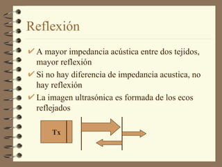 Reflexión A mayor impedancia acústica entre dos tejidos, mayor reflexión Si no hay diferencia de impedancia acustica, no hay reflexión La imagen ultrasónica es formada de los ecos reflejados Tx 