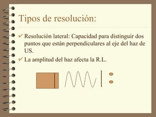 Tipos de resolución: Resolución lateral: Capacidad para distinguir dos puntos que están perpendiculares al eje del haz de US. La amplitud del haz afecta la R.L. 