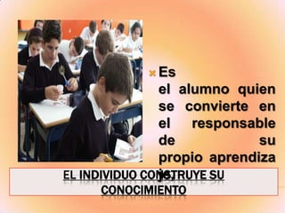 El individuo construye su conocimientoEs el alumno quien se convierte en el responsable de su propio aprendizaje,