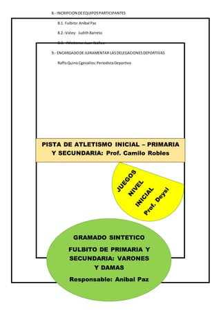 8.- INCRIPCION DEEQUIPOSPARTICIPANTES
8.1. Fulbito:Aníbal Paz
8.2.-Voley: JudithBarreto
8.3.- Atletismo:Juan Ibáñez.
9.- ENCARGADODE JUIRAMENTAR LASDELEGACIONESDEPORTIVAS
RaffoQuino Cgevallos:PeriodistaDeportivo
GRAMADO SINTETICO
FULBITO DE PRIMARIA Y
SECUNDARIA: VARONES
Y DAMAS
Responsable: Anibal Paz
PISTA DE ATLETISMO INICIAL – PRIMARIA
Y SECUNDARIA: Prof. Camilo Robles
 