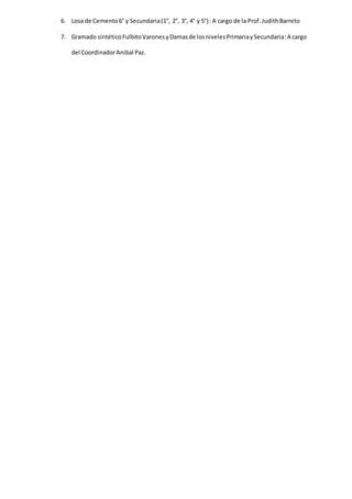 6. Losa de Cemento6° y Secundaria(1°, 2°, 3°, 4° y 5°): A cargo de la Prof.JudithBarreto
7. Gramado sintéticoFulbitoVaronesyDamasde losnivelesPrimariaySecundaria:A cargo
del CoordinadorAnibal Paz.
 