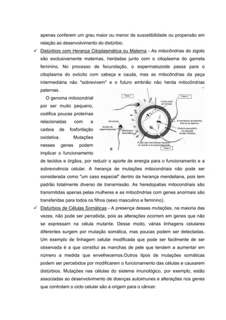 apenas conferem um grau maior ou menor de suscetibilidade ou propensão em
relação ao desenvolvimento do distúrbio.
Distúrbios com Herança Citoplasmática ou Materna - As mitocôndrias do zigoto
são exclusivamente maternas, herdadas junto com o citoplasma do gameta
feminino. No processo de fecundação, o espermatozoide passa para o
citoplasma do ovócito com cabeça e cauda, mas as mitocôndrias da peça
intermediária não "sobrevivem" e o futuro embrião não herda mitocôndrias
paternas.
O genoma mitocondrial
por ser muito pequeno,
codifica poucas proteínas
relacionadas com a
cadeia de fosforilação
oxidativa. Mutações
nesses genes podem
implicar o funcionamento
de tecidos e órgãos, por reduzir o aporte de energia para o funcionamento e a
sobrevivência celular. A herança de mutações mitocondriais não pode ser
considerada como "um caso especial" dentro da herança mendeliana, pois tem
padrão totalmente diverso de transmissão. As heredopatias mitocondriais são
transmitidas apenas pelas mulheres e as mitocôndrias com genes anormais são
transferidas para todos os filhos (sexo masculino e feminino).
Distúrbios de Células Somáticas - A presença dessas mutações, na maioria das
vezes, não pode ser percebida, pois as alterações ocorrem em genes que não
se expressam na célula mutante. Desse modo, várias linhagens celulares
diferentes surgem por mutação somática, mas poucas podem ser detectadas.
Um exemplo de linhagem celular modificada que pode ser facilmente de ser
observada é a que constitui as manchas de pele que tendem a aumentar em
número a medida que envelhecemos.Outros tipos de mutações somáticas
podem ser percebidos por modificarem o funcionamento das células e causarem
distúrbios. Mutações nas células do sistema imunológico, por exemplo, estão
associadas ao desenvolvimento de doenças autoimunes e alterações nos genes
que controlam o ciclo celular são a origem para o câncer.
 