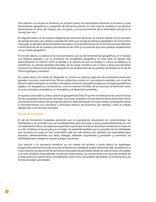 Con relación a la secuencia temática, en primero básico los estudiantes empiezan a reconocer y usar
    herramientas geográficas y categorías de ubicación relativa. En este nivel se establece una primera
    aproximación al tema del trabajo, por una parte, y al reconocimiento de la diversidad cultural en el
    mundo, por otra.

    En segundo básico se incorporan categorías de ubicación absoluta, se inicia el trabajo con el concepto
    de paisaje (en este caso, diversos paisajes de Chile) y se incluye vocabulario geográfico. En este mismo
    nivel y eje, se abordan OA directamente vinculados con el eje de Historia. Es el caso de los temas referidos
    a la localización de los pueblos precolombinos de Chile y a la relación que esos pueblos establecieron
    con su medio geográfico.

    En tercero básico, se avanza en el reconocimiento y el uso de herramientas geográficas, en el trabajo
    con diversos paisajes y en la utilización de vocabulario geográfico. En este nivel se aborda más
    explícitamente la relación entre el paisaje y la manera en que un pueblo o cultura se adapta y lo
    transforma; se utilizan ejemplos derivados de las zonas climáticas de la Tierra y otros que permiten
    reconocer la influencia de factores geográficos en el desarrollo de los pueblos estudiados en el eje de
    Historia (griegos y romanos).

    En cuarto básico, los temas de Geografía se centran en diversos aspectos del continente americano
    (paisajes, recursos, características físicas, población y otros), en concordancia también con el eje de
    Historia. Adicionalmente, se introduce el trabajo con la red cartográfica y algunos conceptos y problemas
    ligados a la Geografía y a la Economía, como el carácter limitado de los recursos, la distinción entre
    recursos naturales renovables y no renovables, y el desarrollo sostenible.

    En quinto y sexto básico, el foco está en la geografía de Chile. En quinto se enfatiza en las características
    físicas, a propósito de las zonas naturales, y en sexto se destaca la interrelación de los elementos físicos
    y humanos en el contexto de las regiones político-administrativas. En estos niveles, la Geografía vuelve
    a interrelacionarse con conceptos y principios básicos de Economía; por ejemplo, cómo el trabajo
    agrega valor a los recursos naturales.

    Formación Ciudadana

    El eje de Formación Ciudadana pretende que los estudiantes desarrollen los conocimientos, las
    habilidades y las actitudes que son fundamentales para participar activa y responsablemente en una
    sociedad democrática. Se espera que aprendan a participar al interior de esta por medio de acciones en
    su vida cotidiana, en la escuela y en el hogar. Se pretende también que se apropien de las habilidades
    que se ponen en juego en una comunidad cada vez más diversa; por ejemplo, las capacidades para
    expresar coherentemente sus ideas, dialogar, defender argumentos y persuadir y, asimismo, las
    habilidades para trabajar en equipo y llegar a acuerdos.

    Con relación a la secuencia temática, en los niveles de primero a sexto básico se despliegan
    progresivamente los focos que articulan la formación ciudadana. A partir del primer año, se avanza en el
    conocimiento y la valoración de las instituciones públicas y privadas, desde las más cercanas, vinculadas
    a su vida cotidiana, hasta abordar, en quinto y sexto básico, las instituciones y los procesos propios de
    la vida política en democracia, considerando, entre otros, los poderes del Estado, la Constitución y las
    formas de elegir autoridades.




8
 