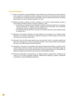 Formación Ciudadana

        11.	 Asumir sus deberes y responsabilidades como estudiante y en situaciones de la vida cotidiana,
             como cumplir con sus deberes escolares, colaborar en el orden y en la limpieza de los espacios
             que comparte con su familia, escuela y comunidad, cuidar sus pertenencias y las de los demás,
             preocuparse de su salud e higiene y ayudar en su casa.

        12.	 Mostrar actitudes y realizar acciones concretas en su entorno cercano (familia, escuela y
             comunidad) que reflejen valores y virtudes ciudadanas, como:
               •	 la tolerancia y el respeto al otro (ejemplos: respetar las opiniones distintas a las propias,
                  mostrar disposición al diálogo, respetar expresiones de diversidad, como diferentes
                  costumbres, creencias, origen étnico, nacionalidad, etc.)
               •	 la empatía (ejemplos: demostrar cortesía con los demás, escuchar al otro, ayudar a quien
                  lo necesite, etc.)

        13.	 Mantener una conducta honesta en la vida cotidiana, en los juegos y en el trabajo escolar,
             hablando con la verdad, respetando las reglas de los juegos sin hacer trampa y reconociendo
             sus errores y sus acciones, entre otros.

        14.	 Reconocer que los niños tienen derechos que les permiten recibir un cuidado especial por
             parte de la sociedad con el fin de que puedan aprender, crecer y desarrollarse, y dar ejemplos
             de cómo la sociedad les garantiza estos derechos.

        15.	 Investigar y comunicar sus resultados sobre algunas instituciones públicas y privadas (como
             Junaeb, Sernac, SII, Banco Estado, instituciones de previsión y salud, universidades, Hogar de
             Cristo y fundaciones, entre otras), identificando el servicio que prestan en la comunidad y los
             diferentes trabajos que realizan las personas que se desempeñan en ellas.

        16.	 Participar responsable y activamente en su hogar (encargos, celebraciones, cuidado de las
             cosas) y en la escuela (campañas solidarias, celebraciones, deportes y juegos), cumpliendo
             compromisos y responsabilidades adquiridos.




20
 