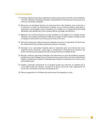 Formación Ciudadana

   11.	 Distinguir algunos actores de la organización política y democrática de Chile, como Presidente,
        ministros, senadores, diputados y alcaldes, considerando las instituciones en las que ejercen y
        cómo son nombrados o elegidos.

   12.	 Reconocer sus principales derechos en situaciones de la vida cotidiana, como el derecho a
        la educación, a contar con alimentación, vivienda, recreo y servicios médicos adecuados, a
        expresarse, a ser protegido contra el abandono y la crueldad, y a no trabajar antes de la edad
        apropiada, y dar ejemplos de cómo se pueden ejercer y proteger esos derechos.

   13.	 Mantener una conducta honesta en la vida cotidiana, en los juegos y en el trabajo escolar,
        hablando con la verdad, respetando las reglas de los juegos sin hacer trampa, evitando la copia
        y el plagio y reconociendo sus errores y sus acciones, entre otros.

   14.	 Demostrar respeto por todas las personas mediante acciones en su vida diaria, sin discriminar
        por condiciones físicas, sociales, económicas, étnicas o culturales.

   15.	 Participar en su comunidad, tomando parte en elecciones para una directiva del curso,
        asignando roles y funciones a cada cargo, y considerando la importancia de mantener una
        buena convivencia y una organización del curso que favorezca el trabajo escolar.

   16.	 Resolver conflictos, aplicando estrategias como determinar la causa del problema, proponer
        posibles soluciones, dialogar, buscar un punto de vista común y votar, entre otras, demostrando
        respeto y empatía por las partes involucradas para mejorar la convivencia en el curso y en la
        comunidad escolar.

   17.	 Diseñar y participar activamente en un proyecto grupal que solucione un problema de la
        comunidad escolar; por ejemplo, reciclaje de la basura, exceso de ruido, organización de
        turnos, leer o entretener a alumnos más pequeños, etc.

   18.	 Opinar y argumentar con fundamentos sobre temas de la asignatura u otros.




                                                                Historia, Geografía y Ciencias Sociales | Educación Básica   23
 