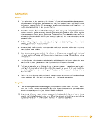 EJES TEMÁTICOS

Historia

    1.	 Explicar los viajes de descubrimiento de Cristóbal Colón, de Hernando de Magallanes y de algún
        otro explorador, considerando sus objetivos, las rutas recorridas, los avances tecnológicos que
        facilitaron la navegación, las dificultades y los desafíos que enfrentaron las tripulaciones y el
        contexto europeo general en que se desarrollaron.

    2.	 Describir el proceso de conquista de América y de Chile, incluyendo a los principales actores
        (Corona española, Iglesia católica y hombres y mujeres protagonistas, entre otros), algunas
        expediciones y conflictos bélicos, y la fundación de ciudades como expresión de la voluntad
        de los españoles de quedarse y expandirse, y reconocer en este proceso el surgimiento de una
        nueva sociedad.

    3.	 Analizar el impacto y las consecuencias que tuvo el proceso de conquista para Europa y para
        América, considerando diversos ámbitos.

    4.	 Investigar sobre los efectos de la conquista sobre los pueblos indígenas americanos, utilizando
        fuentes dadas por el docente.

    5.	 Describir algunas dimensiones de la vida colonial en Chile, como organización de la sociedad
        y grupos sociales, oficios y actividades económicas, costumbres y vida cotidiana, arte y
        celebraciones.

    6.	 Explicar aspectos centrales de la Colonia, como la dependencia de las colonias americanas de la
        metrópoli, el rol de la Iglesia católica y el surgimiento de una sociedad mestiza.

    7.	 Explicar y dar ejemplos de las distintas formas en las que españoles y mapuches se relacionaron
        en el período colonial, considerando resistencia mapuche y guerra de Arauco, mestizaje,
        formas de trabajo (como encomienda y esclavitud), evangelización, vida fronteriza y sistema
        de parlamentos.

    8.	 Identificar, en su entorno o en fotografías, elementos del patrimonio colonial de Chile que
        siguen presentes hoy, como edificios, obras de arte y costumbres, entre otros.
 

Geografía

    9.	 Caracterizar las grandes zonas de Chile y sus paisajes (Norte Grande, Norte Chico, Zona Central,
        Zona Sur y Zona Austral), considerando ubicación, clima (temperatura y precipitaciones),
        relieve, hidrografía, población y recursos naturales, entre otros.

    10.	 Reconocer y ubicar en mapas recursos naturales significativos de Chile, como cobre, hierro,
         recursos marítimos y forestales, entre otros; diferenciar recursos renovables y no renovables y
         explicar la importancia de cuidarlos en el marco de un desarrollo sostenible.




                                                                  Historia, Geografía y Ciencias Sociales | Educación Básica   25
 