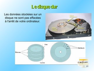 Le disque dur
Les données stockées sur un
disque ne sont pas effacées
à l'arrêt de votre ordinateur.




                                     21
 
