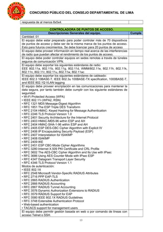 13
CONCURSO PÚBLICO DEL CONSEJO DEPARTAMENTAL DE LIMA
respuesta de al menos 8x5x4.
CONTROLADORA DE PUNTOS DE ACCESO.
Descripciones Generales del equipo. Cumple
Cantidad: 01
El equipo debe estar preparado para poder controlar más de 70 dispositivos
de puntos de acceso y debe ser de la misma marca de los puntos de acceso.
Esto para futuros crecimientos. Se debe licenciar para 20 puntos de acceso
El equipo debe proveer información en tiempo real acerca de las interferencias
de radio que puedan afectar el rendimiento de los puntos de acceso.
El equipo debe poder controlar equipos en sedes remotas a través de túneles
seguros de comunicación VPN.
El equipo debe soportar los siguientes estándares de radio:
EEE 802.11a, 802.11b, 802.11g, 802.11d, WMM/802.11e, 802.11h, 802.11k,
802.11n, 802.11r, 802.11u, 802.11w, 802.11ac
El equipo debe soportar los siguientes estándares de cableado:
IEEE 802.3 10BASE-T, IEEE 802.3u 100BASE-TX specification, 1000BASE-T,
and IEEE 802.1Q VLAN tagging
El equipo debe proveer encriptación en las comunicaciones para mantener la
data segura, por tanto también debe cumplir con los siguiente estándares de
seguridad:
• Wi-Fi Protected Access (WPA)
• IEEE 802.11i (WPA2, RSN)
• RFC 1321 MD5 Message-Digest Algorithm
• RFC 1851 The ESP Triple DES Transform
• RFC 2104 HMAC: Keyed Hashing for Message Authentication
• RFC 2246 TLS Protocol Version 1.0
• RFC 2401 Security Architecture for the Internet Protocol
• RFC 2403 HMAC-MD5-96 within ESP and AH
• RFC 2404 HMAC-SHA-1-96 within ESP and AH
• RFC 2405 ESP DES-CBC Cipher Algorithm with Explicit IV
• RFC 2406 IP Encapsulating Security Payload (ESP)
• RFC 2407 Interpretation for ISAKMP
• RFC 2408 ISAKMP
• RFC 2409 IKE
• RFC 2451 ESP CBC-Mode Cipher Algorithms
• RFC 3280 Internet X.509 PKI Certificate and CRL Profile
• RFC 3602 The AES-CBC Cipher Algorithm and Its Use with IPsec
• RFC 3686 Using AES Counter Mode with IPsec ESP
• RFC 4347 Datagram Transport Layer Security
• RFC 4346 TLS Protocol Version 1.1
Modos de autenticación:
• IEEE 802.1X
• RFC 2548 Microsoft Vendor-Specific RADIUS Attributes
• RFC 2716 PPP EAP-TLS
• RFC 2865 RADIUS Authentication
• RFC 2866 RADIUS Accounting
• RFC 2867 RADIUS Tunnel Accounting
• RFC 3576 Dynamic Authorization Extensions to RADIUS
• RFC 3579 RADIUS Support for EAP
• RFC 3580 IEEE 802.1X RADIUS Guidelines
• RFC 3748 Extensible Authentication Protocol
• Web-based authentication
• TACACS support for management users
El equipo debe permitir gestión basada en web o por comando de líneas con
acceso Telnet o SSH.
 