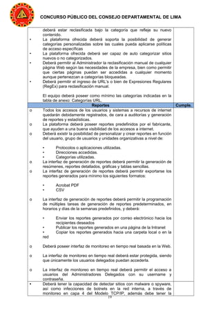 19
CONCURSO PÚBLICO DEL CONSEJO DEPARTAMENTAL DE LIMA
deberá estar reclasificada bajo la categoría que refleje su nuevo
contenido.
• La plataforma ofrecida deberá soporta la posibilidad de generar
categorías personalizadas sobre las cuales pueda aplicarse políticas
de acceso específicas
• La plataforma ofrecida deberá ser capaz de auto categorizar sitios
nuevos o no categorizados.
• Deberá permitir al Administrador la reclasificación manual de cualquier
página Web según las necesidades de la empresa, bien como permitir
que ciertas páginas puedan ser accedidas a cualquier momento
aunque pertenezcan a categorías bloqueadas.
• Deberá permitir el ingreso de URL’s o bien de Expresiones Regulares
(RegEx) para reclasificación manual.
El equipo deberá poseer como mínimo las categorías indicadas en la
tabla de anexo: Categorías URL.
Reportes Cumple.
o Todos los accesos de los usuarios y sistemas a recursos de internet
quedarán debidamente registrados, de cara a auditorías y generación
de reportes y estadísticas.
o La plataforma deberá poseer reportes predefinidos por el fabricante,
que ayuden a una buena visibilidad de los accesos a internet.
o Deberá existir la posibilidad de personalizar y crear reportes en función
del usuario, grupo de usuarios y unidades organizativas a nivel de:
• Protocolos o aplicaciones utilizadas.
• Direcciones accedidas.
• Categorías utilizadas.
o La interfaz de generación de reportes deberá permitir la generación de
resúmenes, reportes detallados, gráficas y tablas sencillas.
o La interfaz de generación de reportes deberá permitir exportarse los
reportes generados para mínimo los siguientes formatos:
• Acrobat PDF
• CSV
o La interfaz de generación de reportes deberá permitir la programación
de múltiples tareas de generación de reportes predeterminados, en
horarios y días de la semanas predefinidos, y deberá:
• Enviar los reportes generados por correo electrónico hacia los
recipientes deseados
• Publicar los reportes generados en una página de la Intranet
• Copiar los reportes generados hacia una carpeta local o en la
red
o Deberá poseer interfaz de monitoreo en tiempo real basada en la Web.
o La interfaz de monitoreo en tiempo real deberá estar protegida, siendo
que únicamente los usuarios delegados puedan accederla.
o La interfaz de monitoreo en tiempo real deberá permitir el acceso a
usuarios del Administradores Delegados con su username y
contraseña.
• Deberá tener la capacidad de detectar sitios con malware o spyware,
así como infecciones de botnets en la red interna, a través de
monitoreo en capa 4 del Modelo TCP/IP, además debe tener la
 