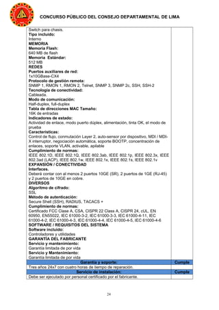 24
CONCURSO PÚBLICO DEL CONSEJO DEPARTAMENTAL DE LIMA
Switch para chasis.
Tipo incluido:
Interno
MEMORIA
Memoria Flash:
640 MB de flash
Memoria Estándar:
512 MB
REDES
Puertos auxiliares de red:
1x10GBase-CX4
Protocolo de gestión remota:
SNMP 1, RMON 1, RMON 2, Telnet, SNMP 3, SNMP 2c, SSH, SSH-2
Tecnología de conectividad:
Cableada.
Modo de comunicación:
Half-duplex, full-duplex
Tabla de direcciones MAC Tamaño:
16K de entradas
Indicadores de estado:
Actividad de enlace, modo puerto dúplex, alimentación, tinta OK, el modo de
prueba
Características:
Control de flujo, conmutación Layer 2, auto-sensor por dispositivo, MDI / MDI-
X interruptor, negociación automática, soporte BOOTP, concentración de
enlaces, soporte VLAN, activable, apilable
Cumplimiento de normas:
IEEE 802.1D, IEEE 802.1Q, IEEE 802.3ab, IEEE 802.1p, IEEE 802.3x, IEEE
802.3ad (LACP), IEEE 802.1w, IEEE 802.1x, IEEE 802.1s, IEEE 802.1v
EXPANSIÓN / CONECTIVIDAD
Interfaces.
Deberá contar con al menos 2 puertos 10GE (SR), 2 puertos de 1GE (RJ-45)
y 2 puertos de 10GE en cobre.
DIVERSOS
Algoritmo de cifrado:
SSL
Método de autenticación:
Secure Shell (SSH), RADIUS, TACACS +
Cumplimiento de normas:
Certificado FCC Clase A, CSA, CISPR 22 Class A, CISPR 24, cUL, EN
60950, EN55022, IEC 61000-3-2, IEC 61000-3-3, IEC 61000-4-11, IEC
61000-4-2, IEC 61000-4-3, IEC 61000-4-4, IEC 61000-4-5, IEC 61000-4-6
SOFTWARE / REQUISITOS DEL SISTEMA
Software incluido:
Controladores y utilidades
GARANTÍA DEL FABRICANTE
Servicio y mantenimiento:
Garantía limitada de por vida
Servicio y Mantenimiento:
Garantía limitada de por vida
Garantía y soporte: Cumple
Tres años 24x7 con cuatro horas de tiempo de reparación.
Servicio de instalación: Cumple
Debe ser ejecutado por personal certificado por el fabricante.
 