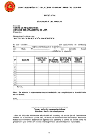 79
CONCURSO PÚBLICO DEL CONSEJO DEPARTAMENTAL DE LIMA
ANEXO Nº 04
EXPERIENCIA DEL POSTOR
Señores
COMITÉ DE ADQUISICIONES
CONSEJO DEPARTAMENTAL DE LIMA
Presente.-
Denominación del proceso:
“PROYECTO DE RENOVACIÓN TECNOLÓGICA”
El que suscribe..........................................................., con (documento de identidad)
N°.............................., Representante Legal de la Empresa...............................................,
con RUC. N°..............................., y con Domicilio Legal
en......................................................................., detallamos lo siguiente:
Nº CLIENTE
OBJETO DEL
SERVICIO
(a)
N°
CONTRATO
O FACTURA
IMPORTE DEL
CONTRATO O
FACTURA
FECHA DE
INICIO Y
TÉRMINO
1
2
3
4
5
6
7
8
9
10
TOTAL
Nota: Se adjunta la documentación sustentatorio en cumplimiento a lo solicitado
en las Bases.
Lima,………………………………………
……………………………….…………………..
Firma y sello del representante legal
Nombre / Razón social del postor
Todos los importes deben estar expresados en dólares y de utilizar tipo de cambio esta
deberá ser lo informado por la SBS, de la fecha de emisión del documento. Asimismo
todos los documentos deberán ser legibles caso contrario el comité los tendrá como no
presentado y se tomara en cuenta solo las primeras 05 contrataciones registradas.
 