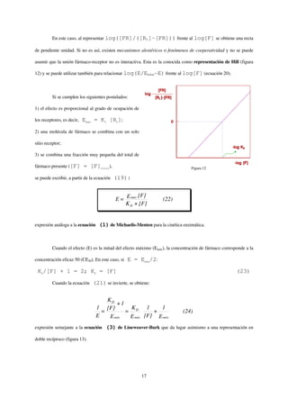 En este caso, al representar log([FR]/([Rt]-[FR])) frente al log[F] se obtiene una recta

de pendiente unidad. Si no es así, existen mecanismos alostéricos o fenómenos de cooperatividad y no se puede

asumir que la unión fármaco-receptor no es interactiva. Esta es la conocida como representación de Hill (figura

12) y se puede utilizar también para relacionar log(E/Emáx-E) frente al log[F] (ecuación 20).



          Si se cumplen los siguientes postulados:

1) el efecto es proporcional al grado de ocupación de

los receptores, es decir,   Emáx = K3 [Rt];

2) una molécula de fármaco se combina con un solo

sitio receptor;

3) se combina una fracción muy pequeña del total de

fármaco presente ([F]       = [F]total),                                         Figura 12

se puede escribir, a partir de la ecuación   (19):


                                                       [F]
                                             E = E máx            (22)
                                                 K D + [F]


expresión análoga a la ecuación    (1) de Michaelis-Menten para la cinética enzimática.


          Cuando el efecto (E) es la mitad del efecto máximo (Emáx), la concentración de fármaco corresponde a la

concentración eficaz 50 (CE50). En este caso, si   E = Emáx/2:

 KD/[F] + 1 = 2; KD = [F]                                                                               (23)

          Cuando la ecuación    (21) se invierte, se obtiene:

                                      KD
                                          +1
                                  1 [F]       K      1   1
                                    =        = D       +                     (24)
                                  E    E máx  E máx [F] E máx
expresión semejante a la ecuación      (3) de Lineweaver-Burk que da lugar asimismo a una representación en

doble recíproco (figura 13).




                                                        17
 