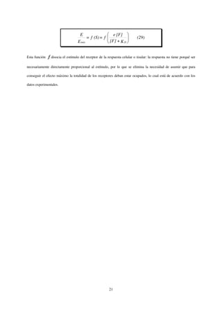 E                     e [F]
                                           = f (S) = f                      (29)
                                   E máx                 [F] + K D


Esta función   f disocia el estímulo del receptor de la respuesta celular o tisular: la respuesta no tiene porqué ser

necesariamente directamente proporcional al estímulo, por lo que se elimina la necesidad de asumir que para

conseguir el efecto máximo la totalidad de los receptores deban estar ocupados, lo cual está de acuerdo con los

datos experimentales.




                                                         21
 