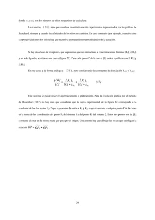 donde n1 y n2 son los números de sitios respectivos de cada clase.

           La ecuación   (36) sirve para analizar cuantitativamente experimentos representados por las gráficas de

Scatchard, siempre y cuando las afinidades de los sitios no cambien. En caso contrario (por ejemplo, cuando existe

cooperatividad entre los sitios) hay que recurrir a un tratamiento termodinámico de la ecuación.



           Si hay dos clases de receptores, que suponemos que no interactúan, a concentraciones distintas [R1] y [R2],

y un solo ligando, se obtiene una curva (figura 22). Para cada punto P de la curva, [L] estáen equilibrio con [LR1] y

[LR2].

           En este caso, y de forma análoga a   (36), pero considerando las constantes de disociación kd1 y kd2:


                                    [LR]   [ ]         [ ]
                                         = Rt 1 + Rt 2                        (37)
                                     [L]  [L] + k d 1 [L] + k d 2


           Este sistema se puede resolver algebraicamente o gráficamente. Para la resolución gráfica por el método

de Rosenthal (1967) no hay más que considerar que la curva experimental de la figura 22 corresponde a la

resultante de las dos rectas 1 y 2 que representan la unión a R1 y R2, respectivamente: cualquier punto P de la curva

es la suma de las coordenadas del punto P1 del sistema 1 y del punto P2 del sistema 2. Estos tres puntos son de [L]

constante al estar en la misma recta que pasa por el origen. Unicamente hay que dibujar las rectas que satisfagan la

relación   OP = OP1 + OP 2 .




                                                          29
 