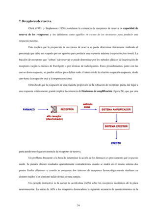 7. Receptores de reserva.

         Clark (1933) y Stephenson (1956) postularon la existencia de receptores de reserva (= capacidad de

reserva de los receptores) y los definieron como aquéllos en exceso de los necesarios para producir una

respuesta máxima.

         Esto implica que la proporción de receptores de reserva se puede determinar únicamente midiendo el

porcentaje que debe ser ocupado por un agonista para producir una respuesta máxima (ocupación fraccional). La

fracción de receptores que "sobran" (de reserva) se puede determinar por los métodos clásicos de inactivación de

receptores (según la técnica de Furchgott) o por técnicas de radioligandos. Estos procedimientos, junto con las

curvas dosis-respuesta, se pueden utilizar para definir todo el intervalo de la relación ocupación-respuesta, desde

cero hasta la ocupación total y la respuesta máxima.

         El hecho de que la ocupación de una pequeña proporción de la población de receptores pueda dar lugar a

una respuesta relativamente grande implica la existencia del fenómeno de amplificación (figura 24), que por otra




parte puede tener lugar en ausencia de receptores de reserva.

         Un problema frecuente a la hora de determinar la acción de los fármacos es precisamente qué respuesta

medir. Se pueden obtener resultados aparentemente contradictorios cuando se miden en el mismo sistema dos

puntos finales diferentes o cuando se comparan dos sistemas de receptores farmacológicamente similares en

distintos tejidos o en el mismo tejido de más de una especie.

         Un ejemplo instructivo es la acción de acetilcolina (ACh) sobre los receptores nicotínicos de la placa

neuromuscular. La unión de ACh a los receptores desencadena la siguiente secuencia de acontecimientos en la




                                                         34
 