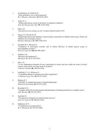 1.    Arunlakshana, O.; Schild, H. O.
      "Some quantitative uses of drug antagonists"
      Br. J. Pharmac. Chemother. 14, 48-58 (1959).

2.    Ariëns, E. J.
      "Affinity and intrinsic activity in the theory of competitive inhibition"
      Arch. Int. Pharmacodyn. Ther. 99, 32-49 (1954).

3.    Clark, A.J.
      "The mode of action of drugs on cells", London: Edward Arnold (1933)

4.    Cheng, Y-C; Prusoff, W. H.
      "Relationship between the inhibition constant and the concentration of inhibitor which causes 50 per cent
      inhibition of an enzymatic reaction".
      Biochem. Pharmacol. 22, 3099-3108 (1973).

5.    Furchgott, R. F.; Bursztyn, P.
      "Comparison of dissociation constants and of relative efficacies of related agonists acting on
      parasympathetic receptors".
      Ann. N.Y. Acad. Sci. 144, 882-898 (1967)

6.    Gaddum, J. H.
      "Bioassays and mathematics".
      Pharmacol. Rev. 5, 87-134 (1953)

7.    Hill, A. V.
      "A new mathematical treatment of ionic concentration in muscle and nerve under the action of electric
      currents, with a theory as to their mode of excitation".
      J. Physiol. (London) 40, 190-224 (1910)

8.    Litchfield, J. T. Jr.; Wilcoxon, F.
      "A simplified method of evaluating dose-effect experiments".
      J. Pharmacol. Exp. Ther. 96, 99-113 (1949)

9.    Munson, P. J.
      "LIGAND: A computerized analysis of ligand binding data".
      Methods in Enzymology 92, 543-576 (1983)

10.   Rosenthal, H. E.
      "A graphic method for the determination and presentation of binding parameters in a complex system".
      Anal. Biochem. 20, 525-532 (1967)

11.   Scatchard, G.
      "The attractions of proteins for small molecules and ions"
      Ann. N.Y. Acad. Sci. 51, 660-672 (1956)

12.   Stephenson, R. F.
      "A modification of receptor theory".
      Br. J. Pharmacol. 11, 379-393 (1956)




                                                        7
 