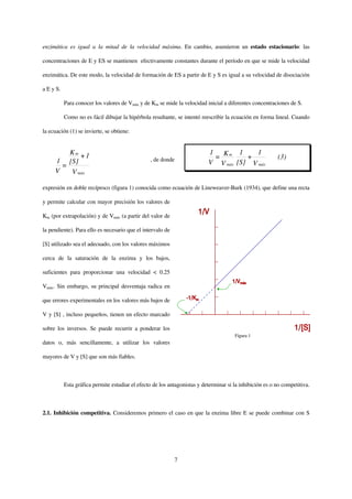 enzimática es igual a la mitad de la velocidad máxima. En cambio, asumieron un estado estacionario: las

concentraciones de E y ES se mantienen efectivamente constantes durante el período en que se mide la velocidad

enzimática. De este modo, la velocidad de formación de ES a partir de E y S es igual a su velocidad de disociación

a E y S.

           Para conocer los valores de Vmáx y de Km se mide la velocidad inicial a diferentes concentraciones de S.

           Como no es fácil dibujar la hipérbola resultante, se intentó reescribir la ecuación en forma lineal. Cuando

la ecuación (1) se invierte, se obtiene:


         Km +1                                                             1 Km 1        1
                                                 , de donde                 =         +                   (3)
     1 [S]                                                                 V V máx [S] V máx
       =
     V   V máx

expresión en doble recíproco (figura 1) conocida como ecuación de Lineweaver-Burk (1934), que define una recta

y permite calcular con mayor precisión los valores de

Km (por extrapolación) y de Vmáx (a partir del valor de

la pendiente). Para ello es necesario que el intervalo de

[S] utilizado sea el adecuado, con los valores máximos

cerca de la saturación de la enzima y los bajos,

suficientes para proporcionar una velocidad < 0.25

Vmáx. Sin embargo, su principal desventaja radica en

que errores experimentales en los valores más bajos de

V y [S] , incluso pequeños, tienen un efecto marcado

sobre los inversos. Se puede recurrir a ponderar los
                                                                                       Figura 1
datos o, más sencillamente, a utilizar los valores

mayores de V y [S] que son más fiables.



           Esta gráfica permite estudiar el efecto de los antagonistas y determinar si la inhibición es o no competitiva.



2.1. Inhibición competitiva. Consideremos primero el caso en que la enzima libre E se puede combinar con S




                                                              7
 