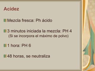 Acidez Mezcla fresca: Ph ácido  3 minutos iniciada la mezcla: PH 4 (Si se incorpora el máximo de polvo) 1 hora: PH 6 48 horas, se neutraliza 