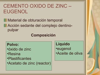 CEMENTO OXIDO DE ZINC – EUGENOL  Material de obturación temporal Acción sedante del complejo dentino-pulpar  Composición Líquido  eugenol Aceite de oliva Polvo:  óxido de zinc Resina Plastificantes Acetato de zinc (reactor) 