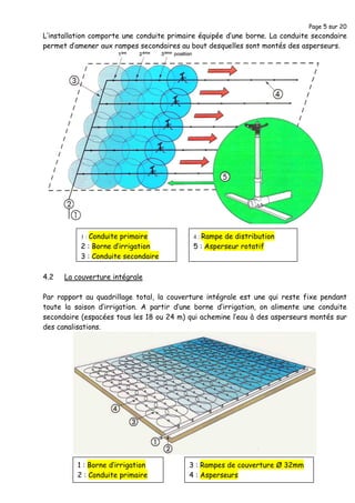 Page 5 sur 20
1 : Borne d’irrigation
2 : Conduite primaire
3 : Rampes de couverture Ø 32mm
4 : Asperseurs
L’installation comporte une conduite primaire équipée d’une borne. La conduite secondaire
permet d’amener aux rampes secondaires au bout desquelles sont montés des asperseurs.
4.2 La couverture intégrale
Par rapport au quadrillage total, la couverture intégrale est une qui reste fixe pendant
toute la saison d’irrigation. A partir d’une borne d’irrigation, on alimente une conduite
secondaire (espacées tous les 18 ou 24 m) qui achemine l’eau à des asperseurs montés sur
des canalisations.
1 : Conduite primaire
2 : Borne d’irrigation
3 : Conduite secondaire
4 : Rampe de distribution
5 : Asperseur rotatif
 